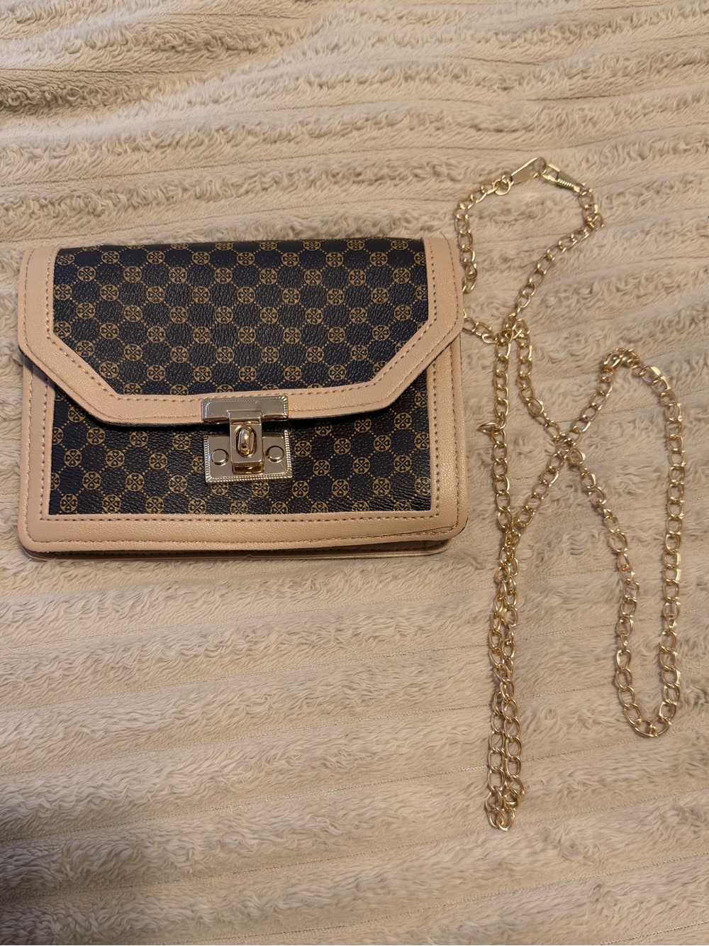 SHEIN Beige Trim Brown Pattern Chain Crossbody Bag